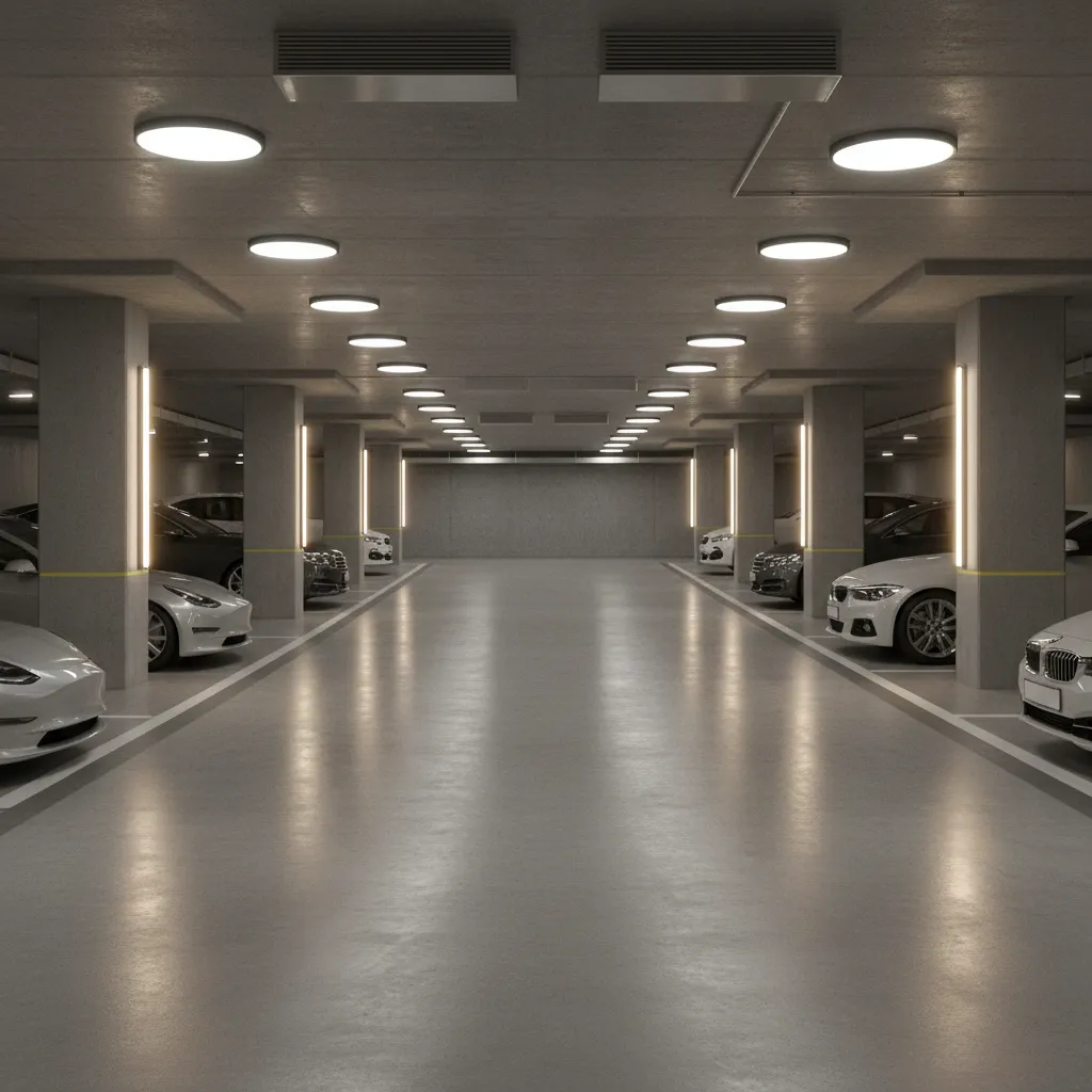 Residential apartment basement parking ramp with compact layout
