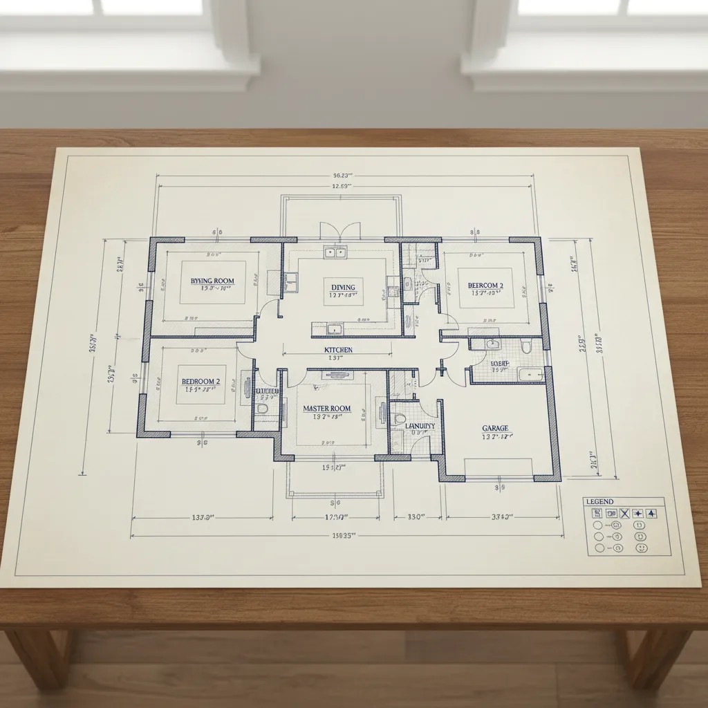 Detailed residential house blueprint layout showing rooms, dimensions, and wall structures