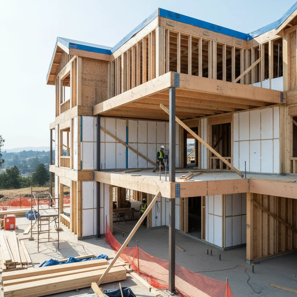 Modern residential construction with visible structural framing and building code features