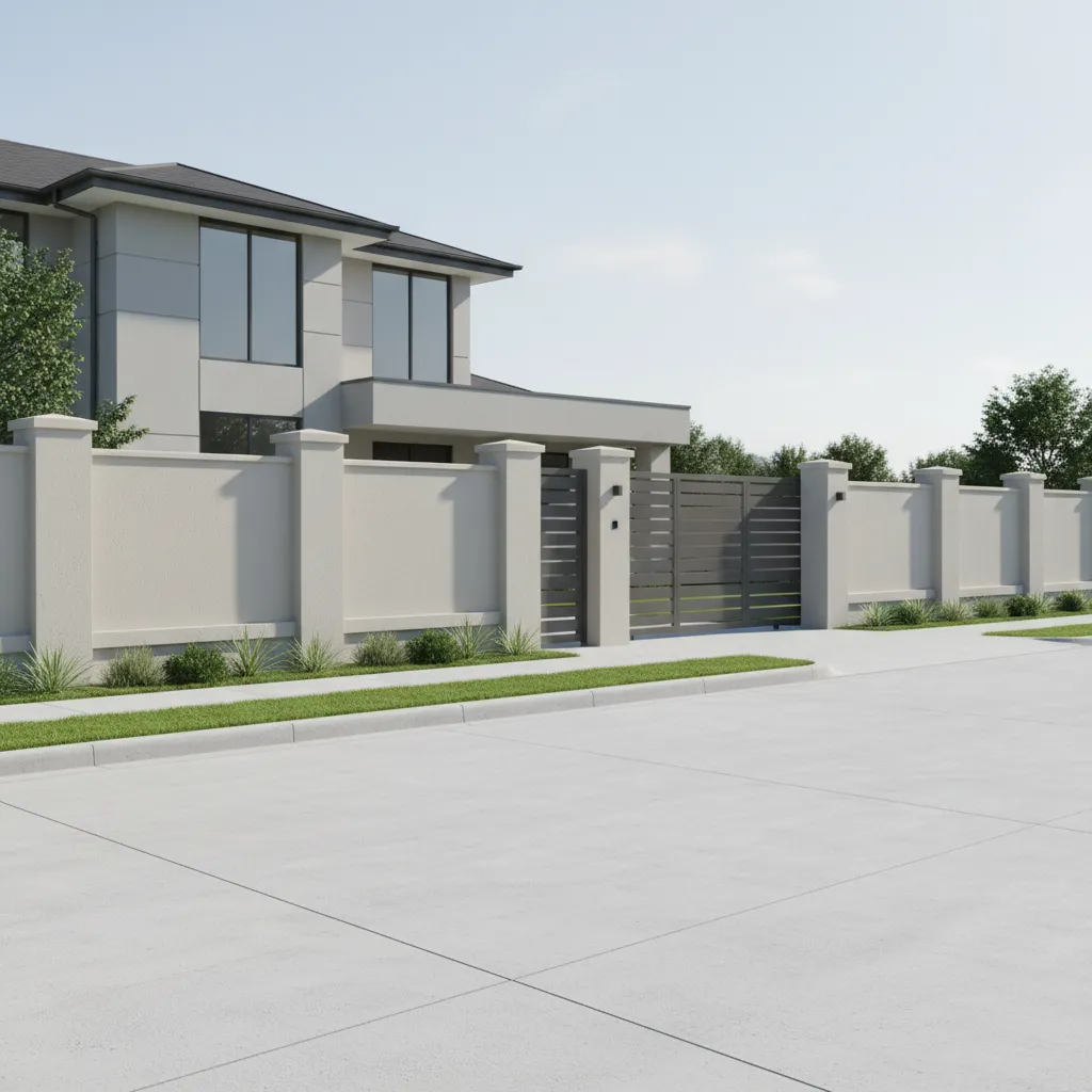 Residential property boundary wall with gate and concrete pillars
