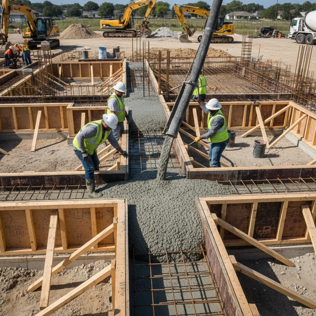 Concrete foundation slab being poured for a small residential house