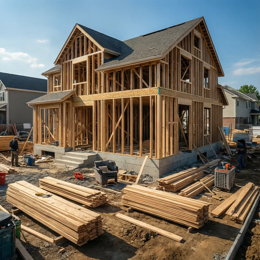 modern residential home framing with stacked building materials on construction site