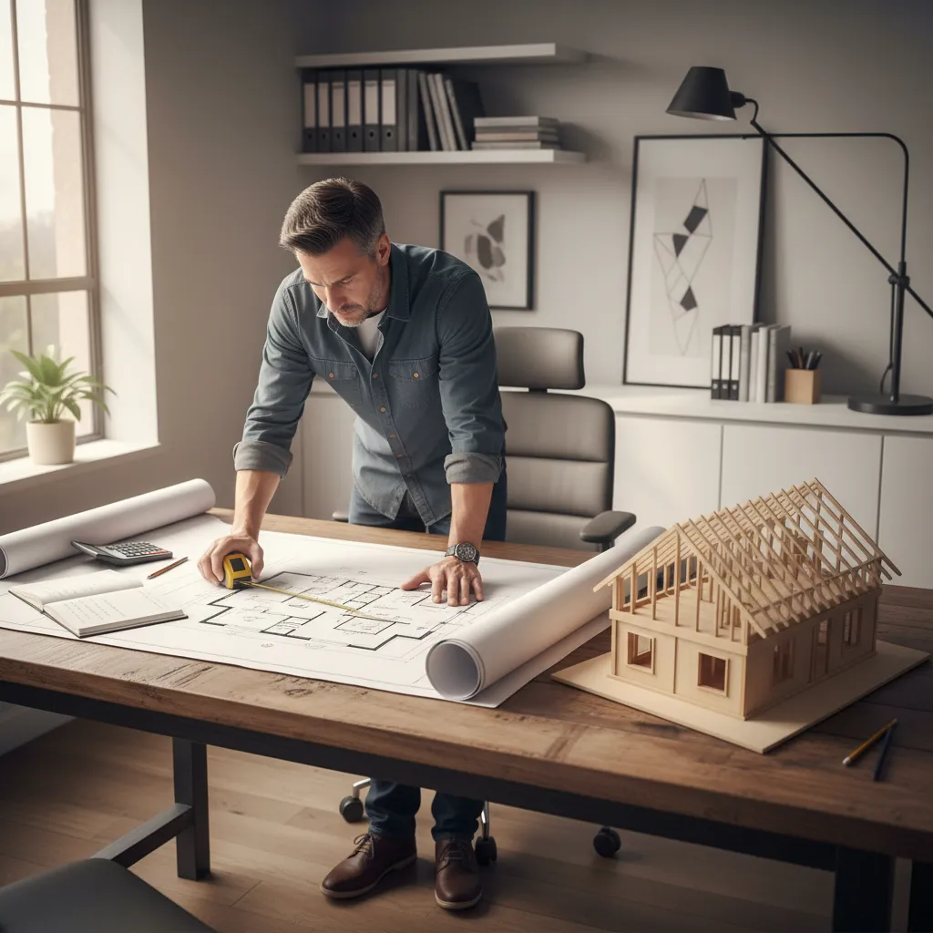 builder reviewing residential house framing plan and estimating material quantities