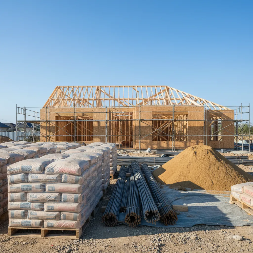 organized construction site with cement steel and sand prepared for residential building