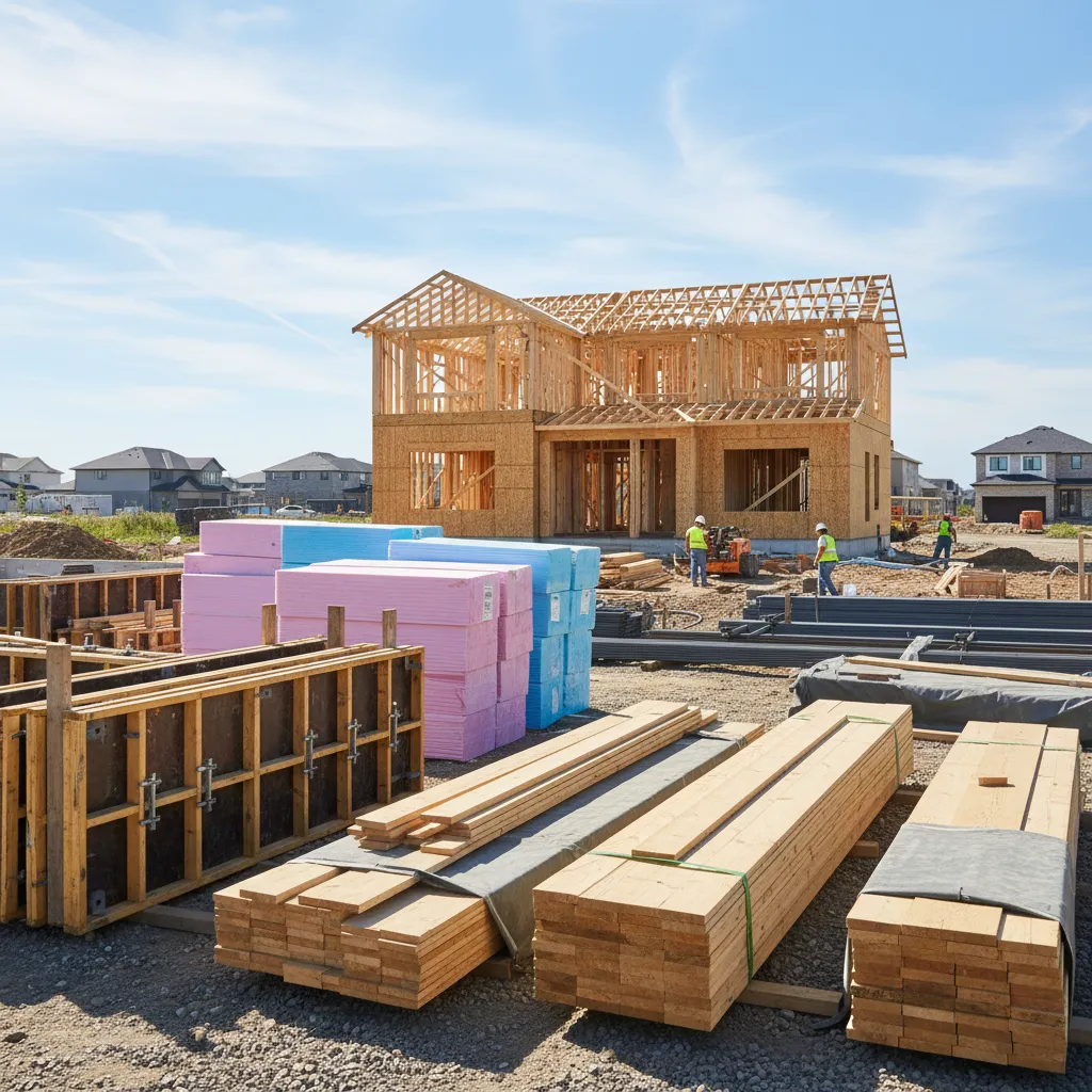 stacked lumber concrete and construction materials on residential building site