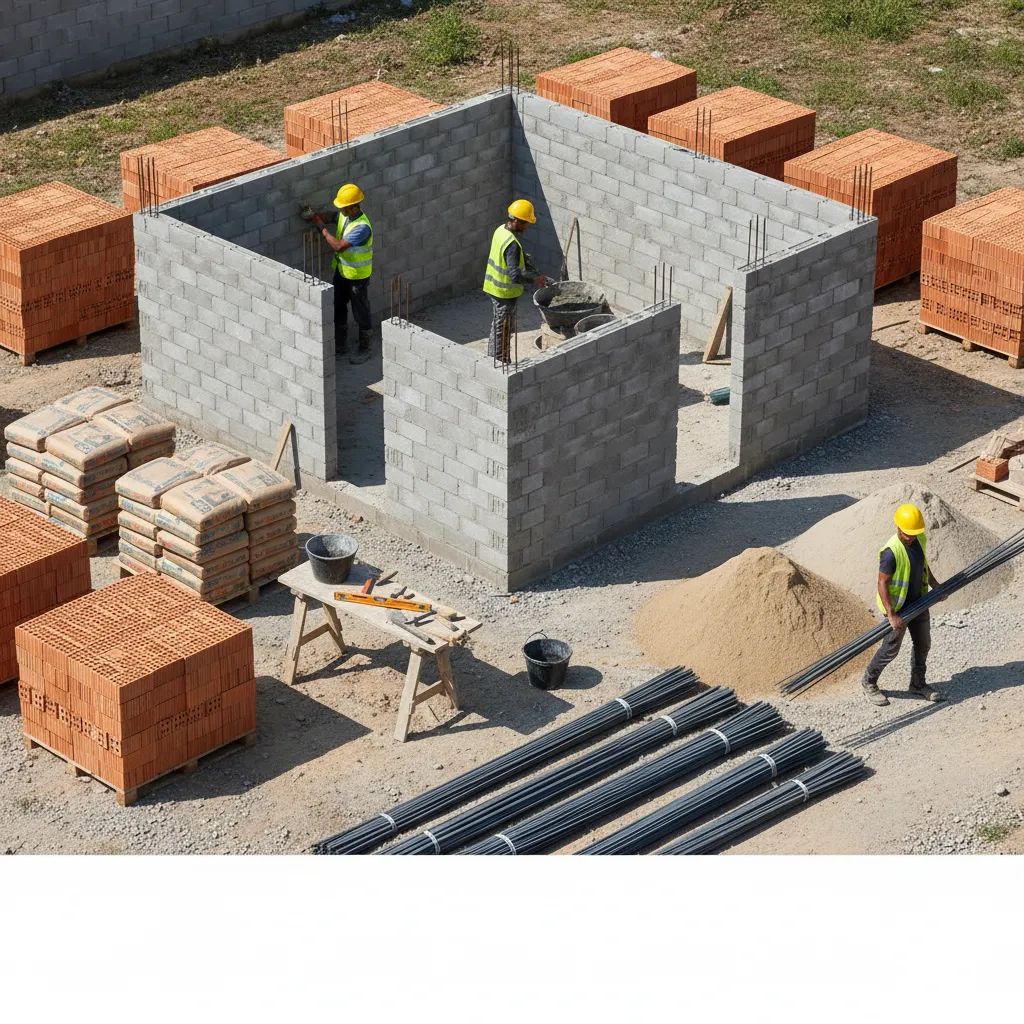 Residential construction site with organized stacks of bricks cement bags and steel