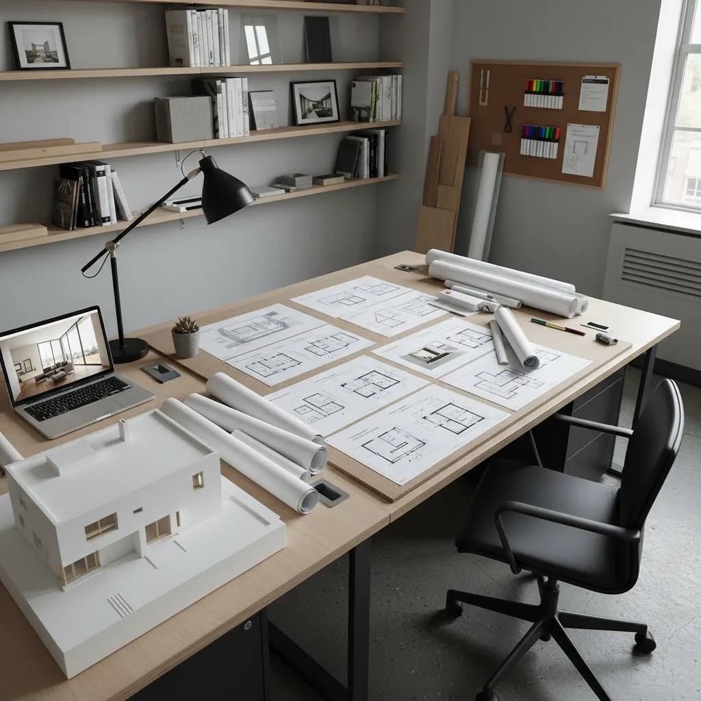 Office desk with house model paper floor plans rolled drawings laptop and black office chair