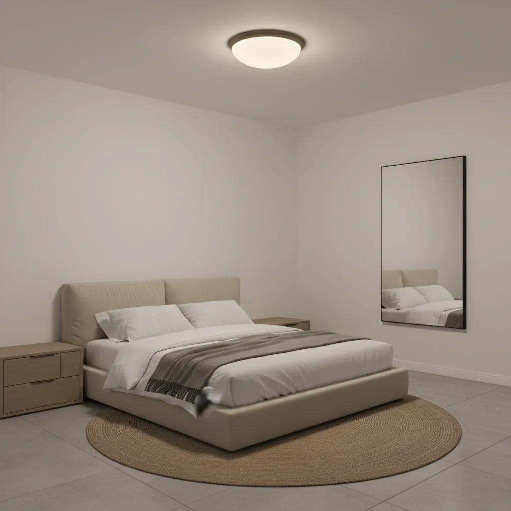 Bedroom interior with dome ceiling light providing soft ambient lighting