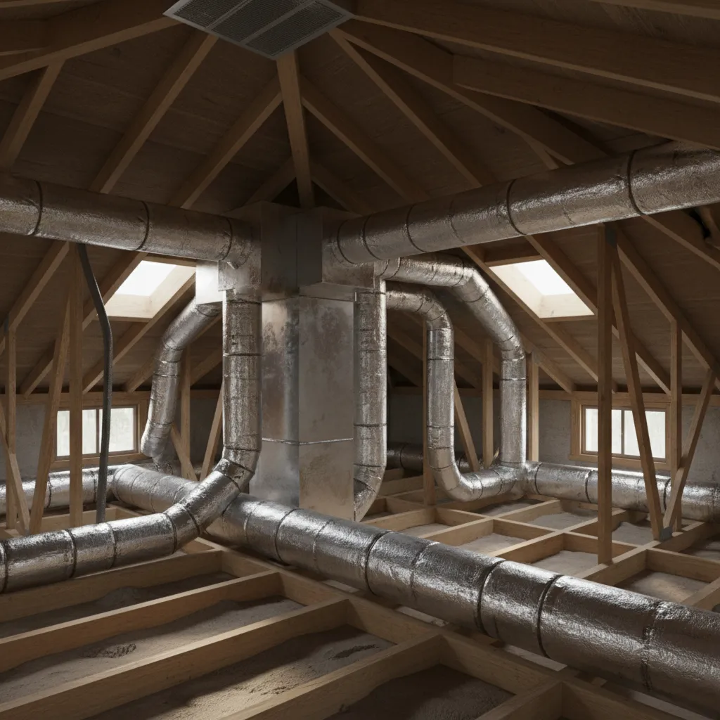 Attic ductwork system showing insulated HVAC ducts distributing air in a residential home