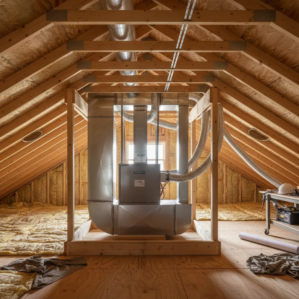 Residential attic ductwork system connected to central HVAC unit