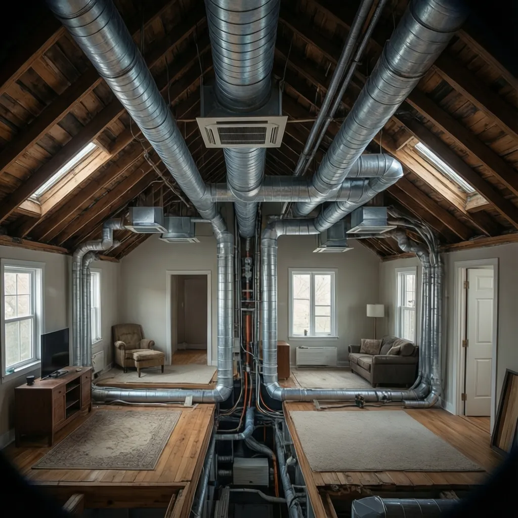 Residential duct layout distributing airflow through a large home