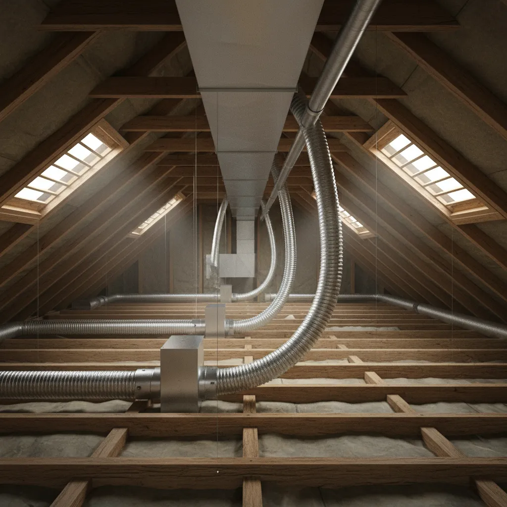 Residential HVAC duct system running through attic space