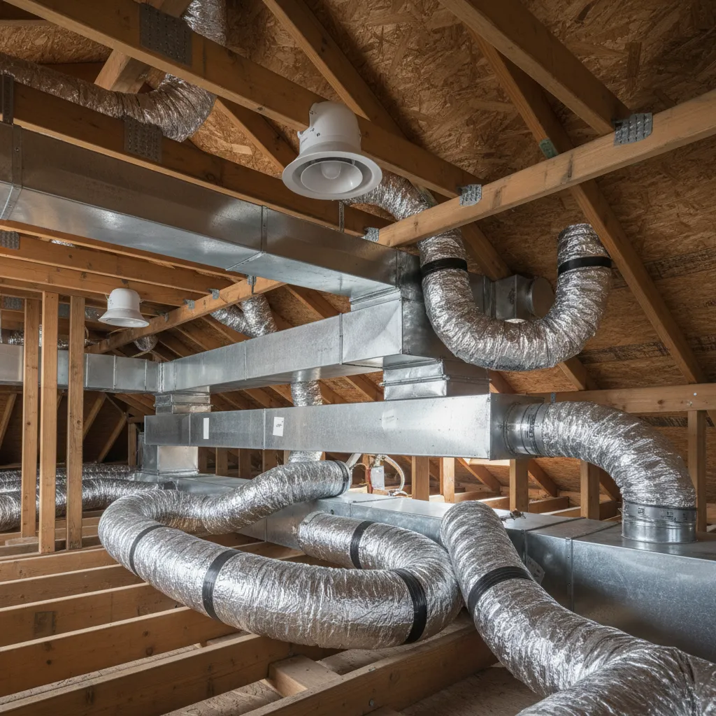 Overview of residential HVAC duct system running through attic space