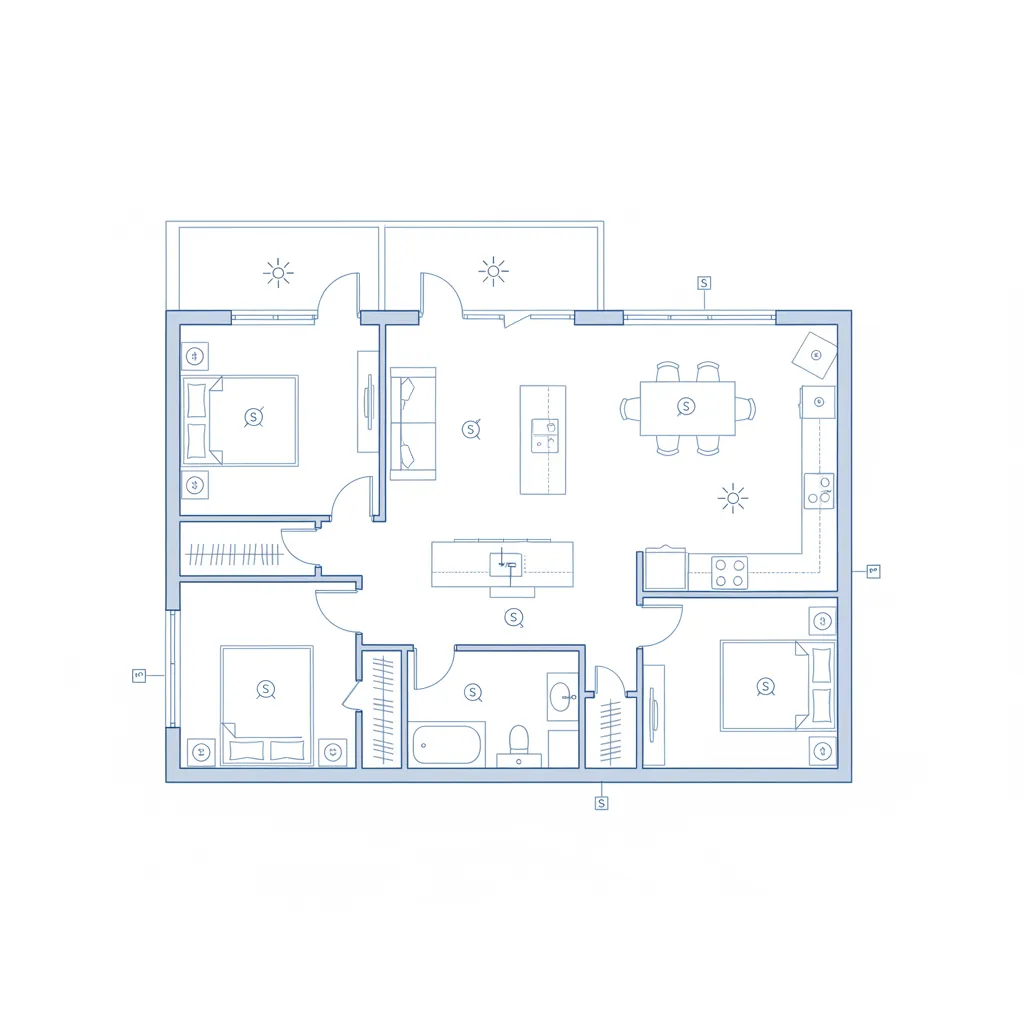 residential floor plan showing electrical outlets lighting and switch layout