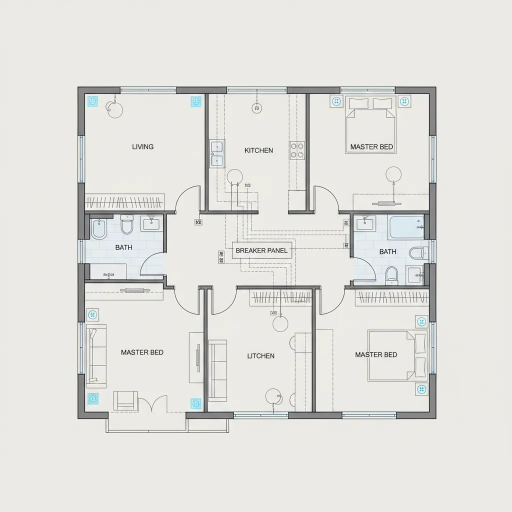 residential electrical floor plan with outlets lighting and circuit layout