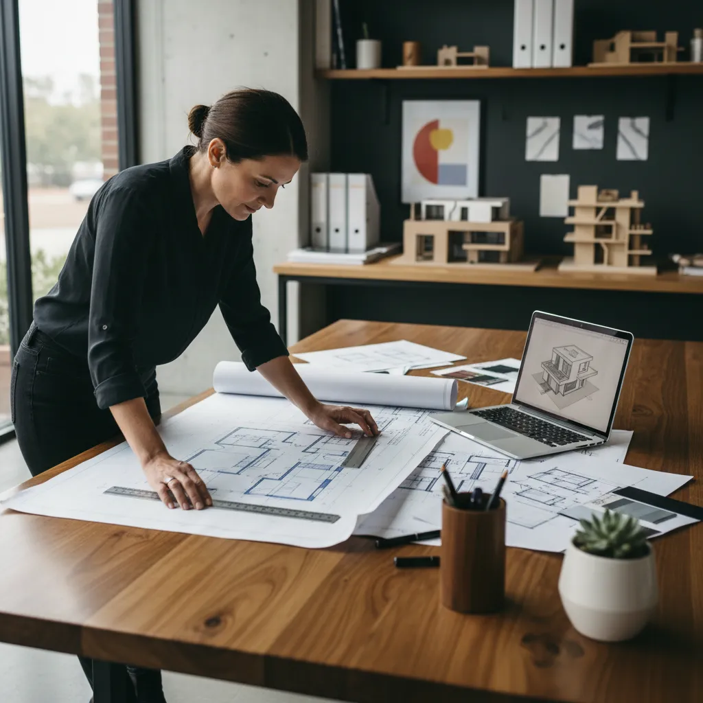 architect reviewing residential floor plan layout during home planning stage