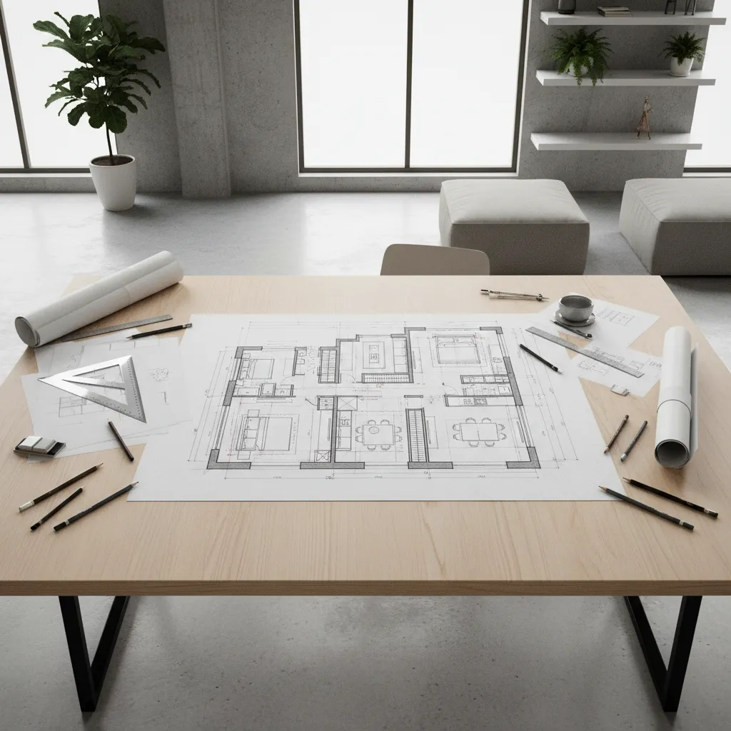 Designer sketching residential floor plan layout on architectural drafting table