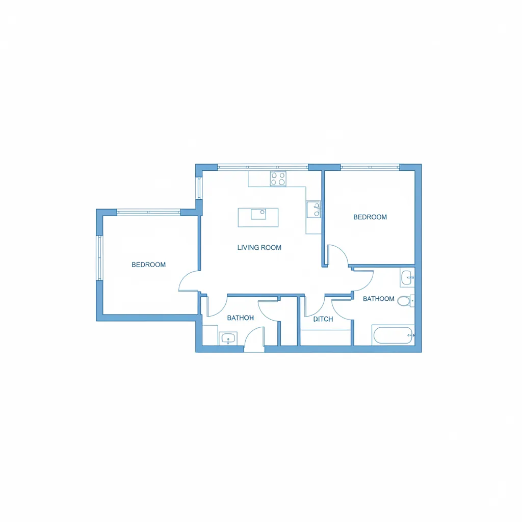 Example residential floor plan showing living room kitchen bedroom and circulation paths