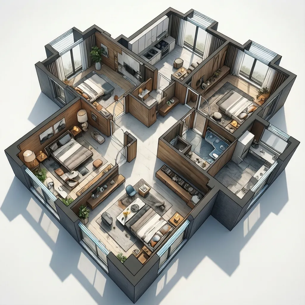 Modern residential floor plan showing circulation paths and geometric zoning