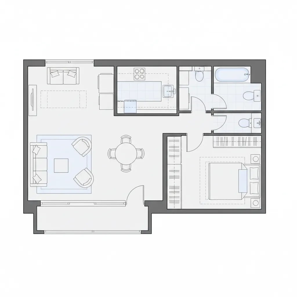 Simple residential apartment 2D floor plan layout with furniture placement