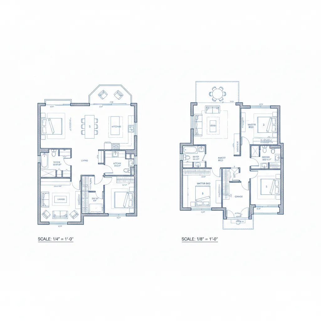 comparison of 1/4 inch and 1/8 inch residential floor plan drawing scales