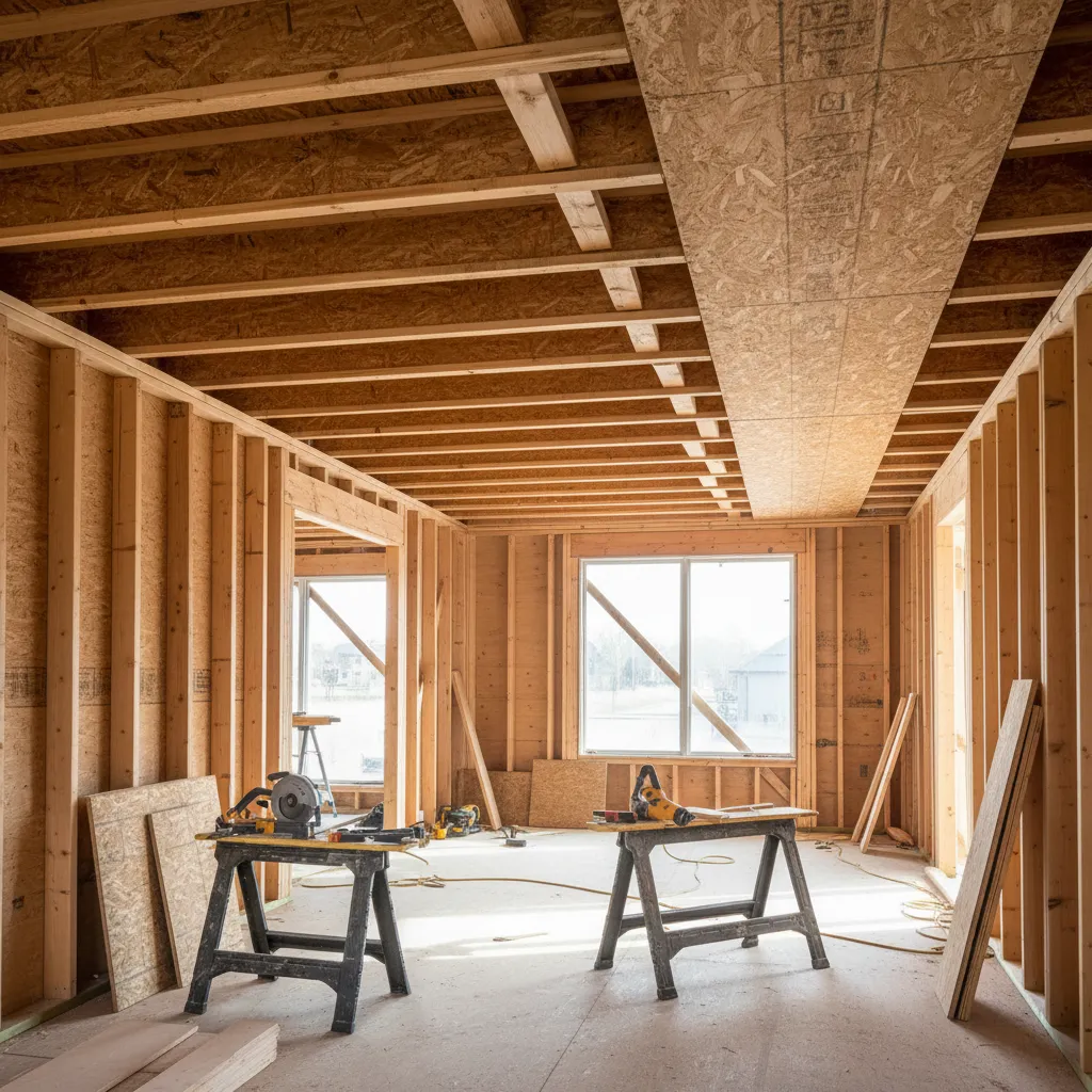 Residential floor framing with joists supporting a second floor room