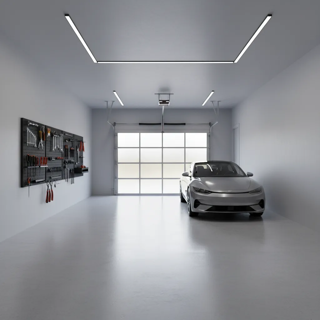 modern residential garage with minimalist wall design and clean storage system