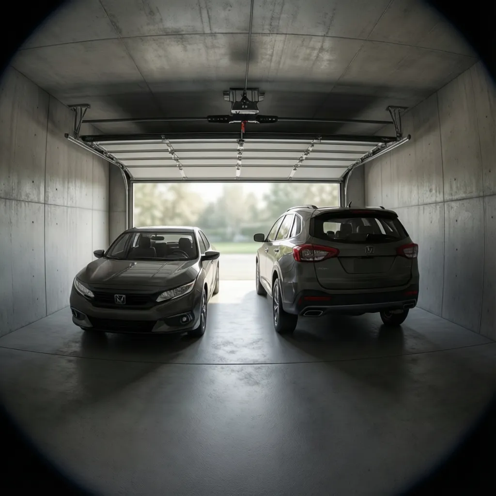 Modern residential garage with concrete walls and parked cars