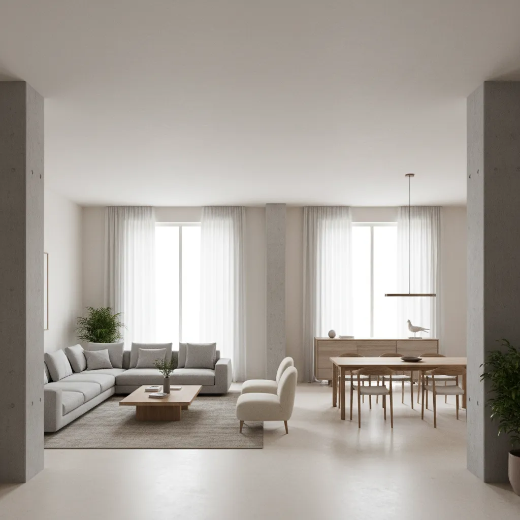 Open residential hall with structural columns positioned along walls and furniture zones