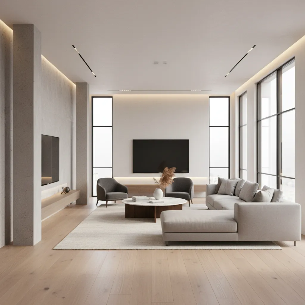 modern residential living hall with minimal structural columns integrated into walls