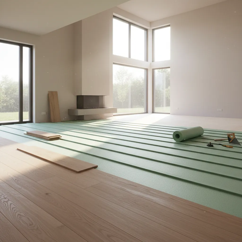 Residential hardwood flooring installation with foam underlayment visible