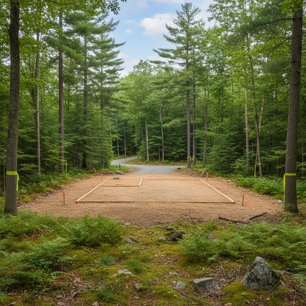 Residential home site near wooded area showing environmental planning considerations