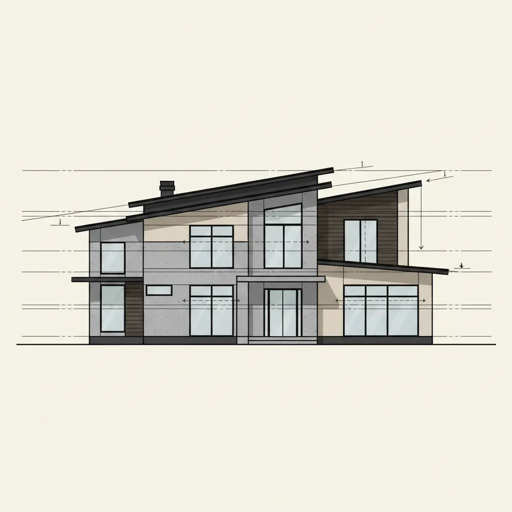 Architectural elevation study showing window alignment and roofline proportions