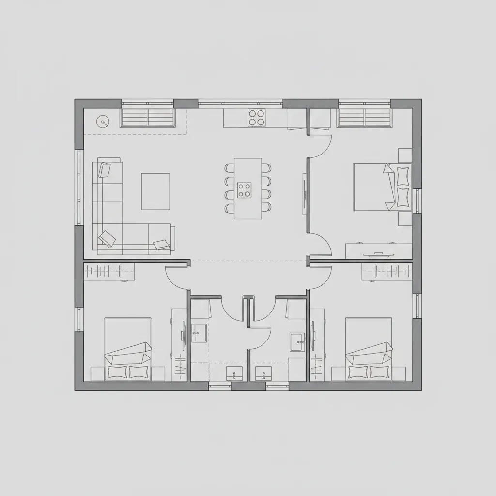 2D floor plan layout of a three bedroom house showing furniture living area and kitchen