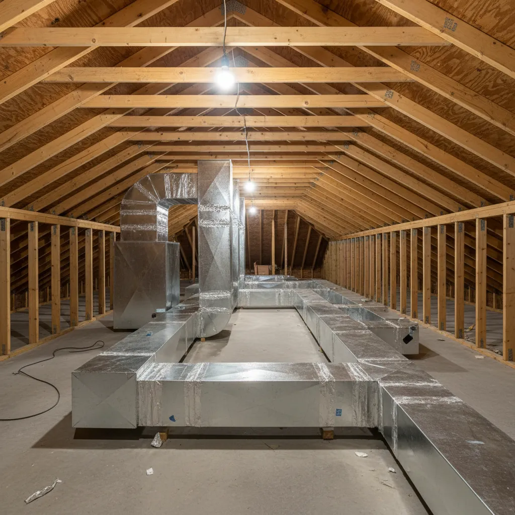 Residential attic HVAC duct layout with trunk and branch configuration