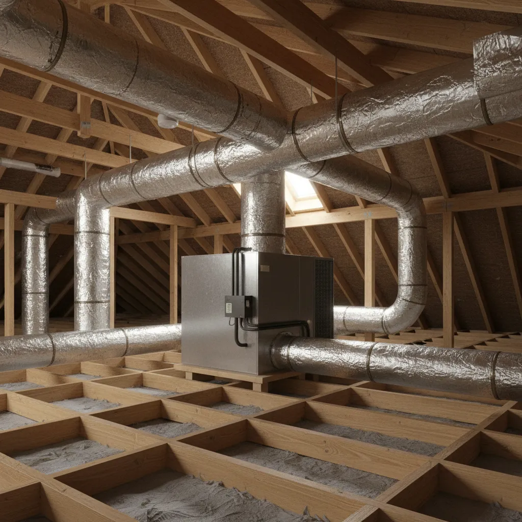 Overview of residential HVAC duct layout inside an attic with trunk and branch ducts