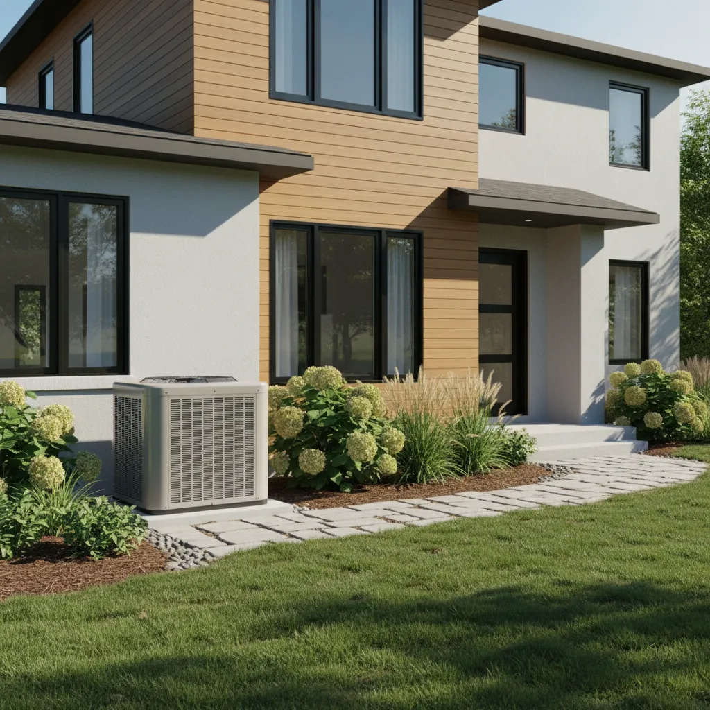 Residential house with outdoor HVAC condenser unit installed beside exterior wall