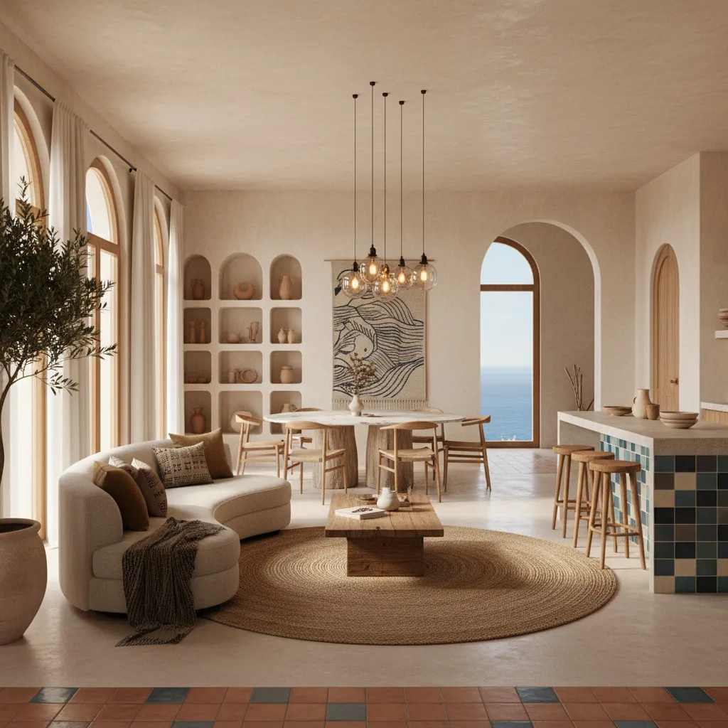 Open living area with curved sofa round rug dining table kitchen island and ocean view