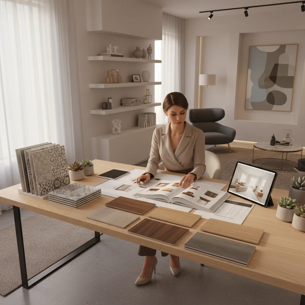 Designer reviewing residential interior materials and BOQ list for custom home project