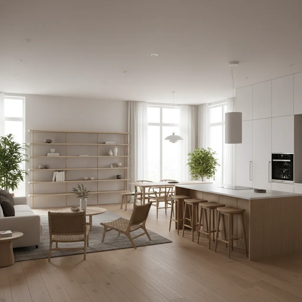 modern residential living room and kitchen layout designed with budget planning