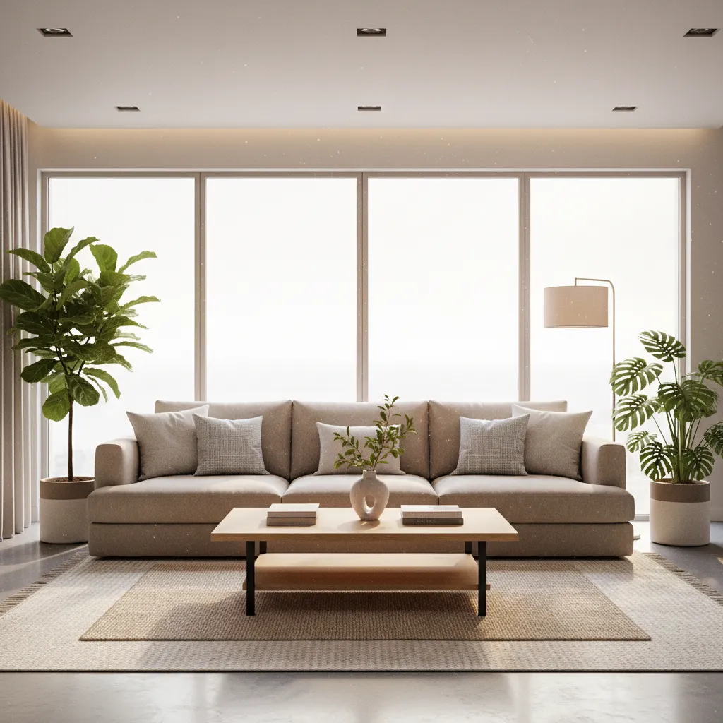 Professionally decorated residential living room with layered lighting and curated furniture