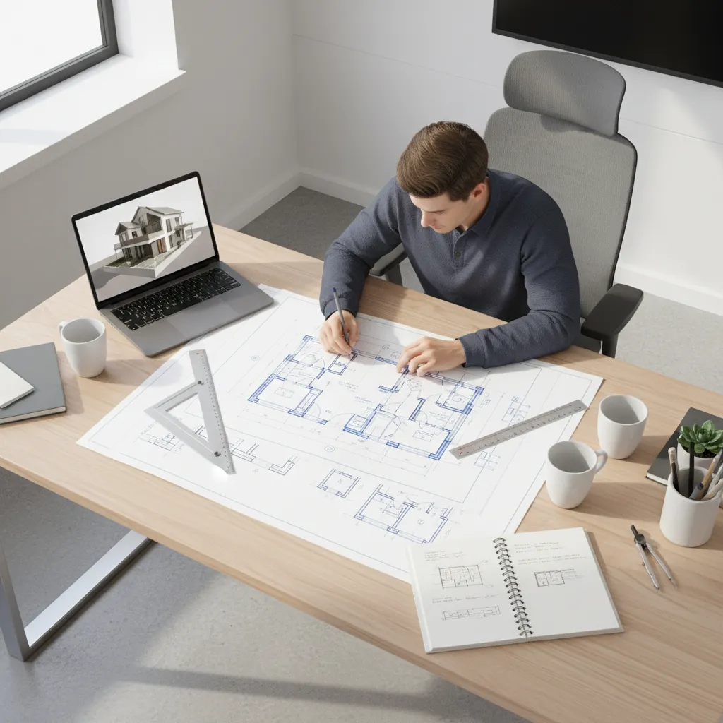 student analyzing residential house floor plan on desk with sketches