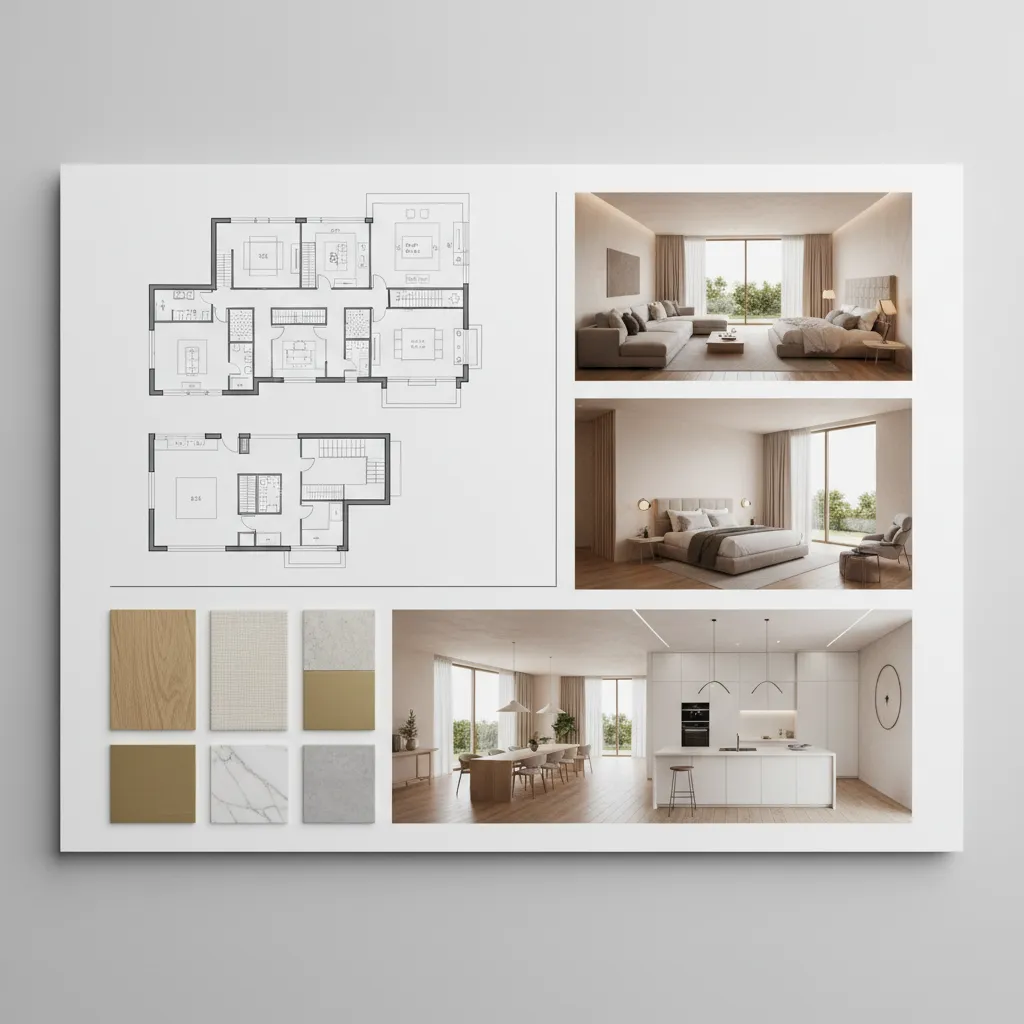 Interior design presentation board showing floor plan layouts 3D interior design drawings and material samples