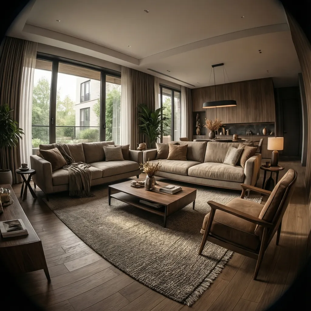 Modern living room with brown sofas, wooden coffee table, rug, wood wall panels, and windows