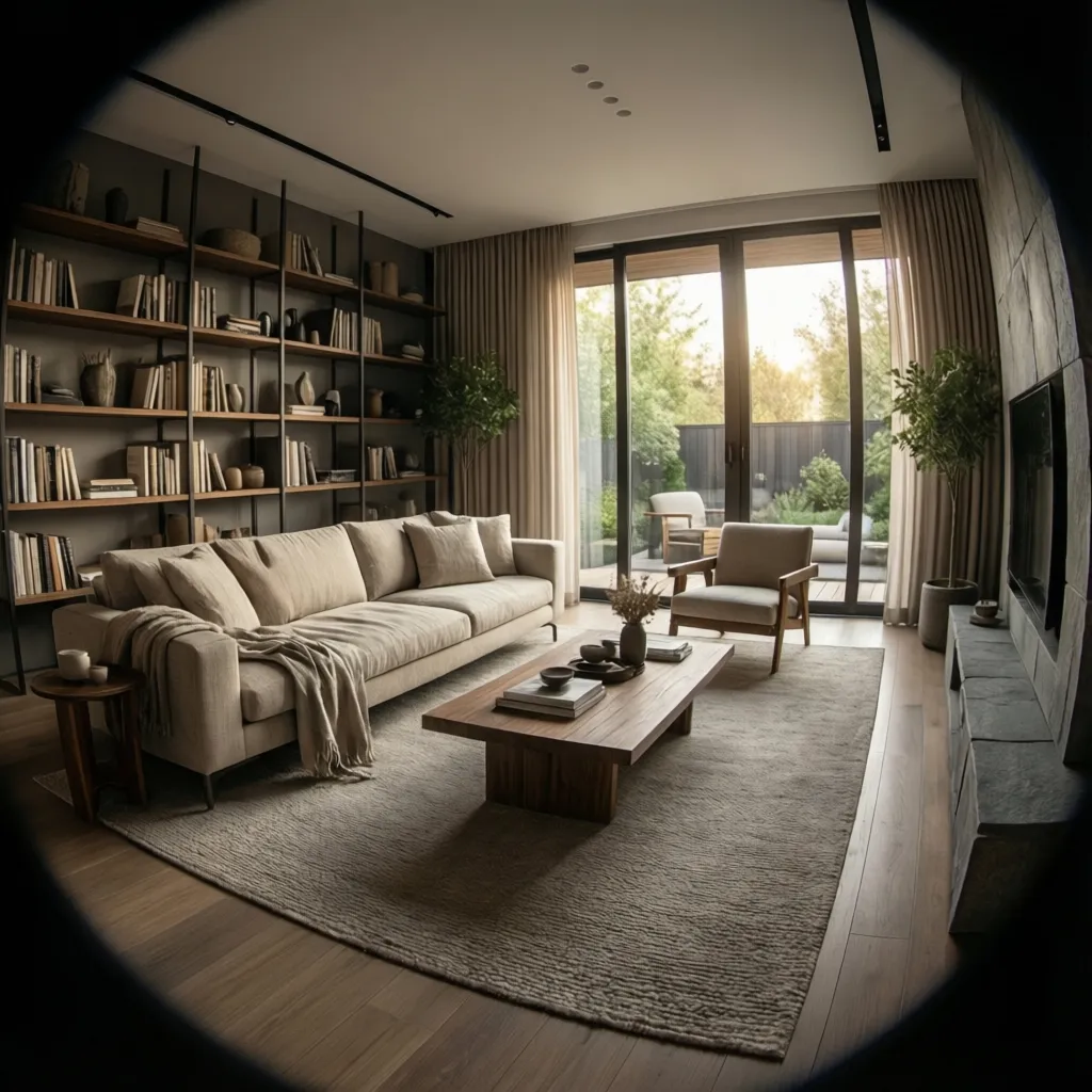 modern residential living room interior designed with neutral tones and contemporary furniture