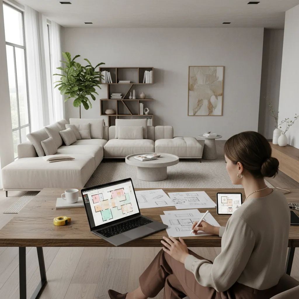 designer planning residential living room layout on digital floor plan