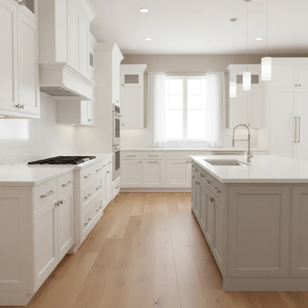 modern home kitchen with built in hood cabinet above cooktop