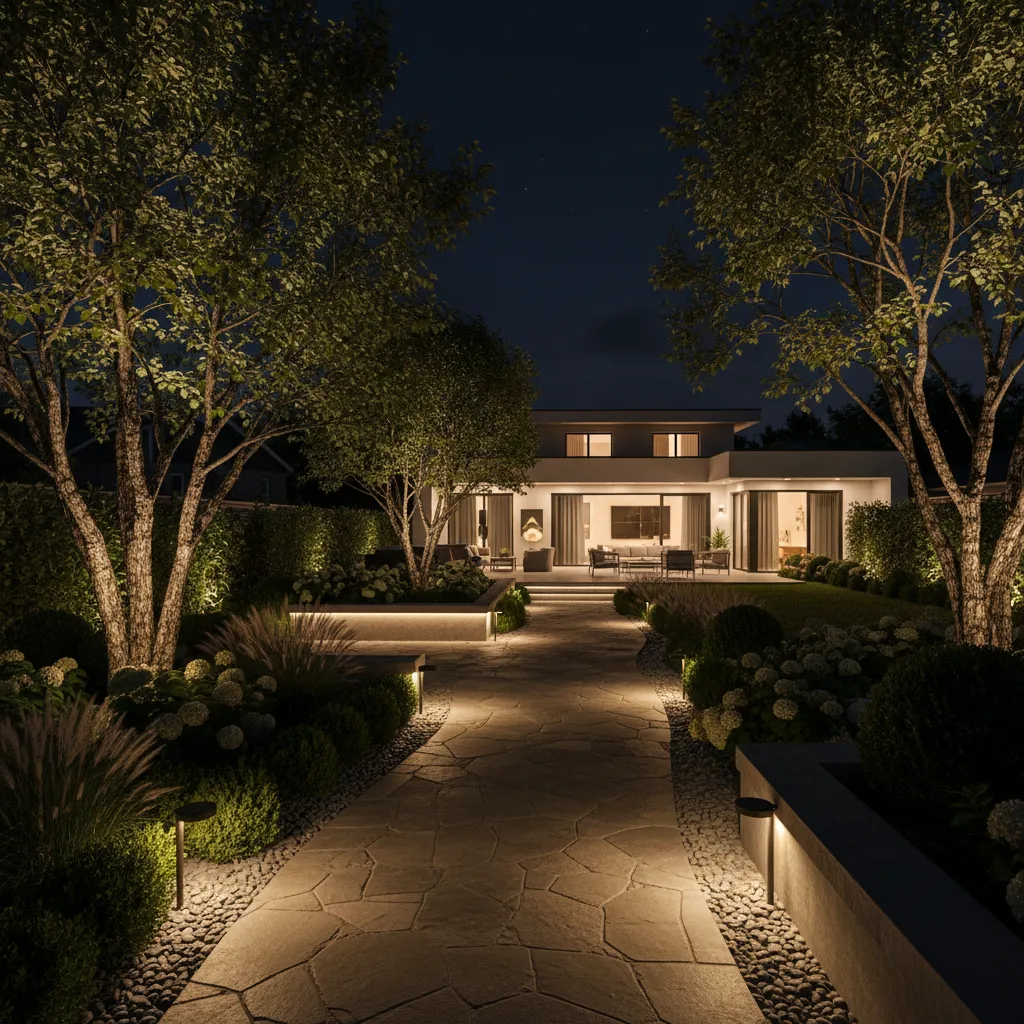 Residential garden with pathway lights and tree uplighting at night
