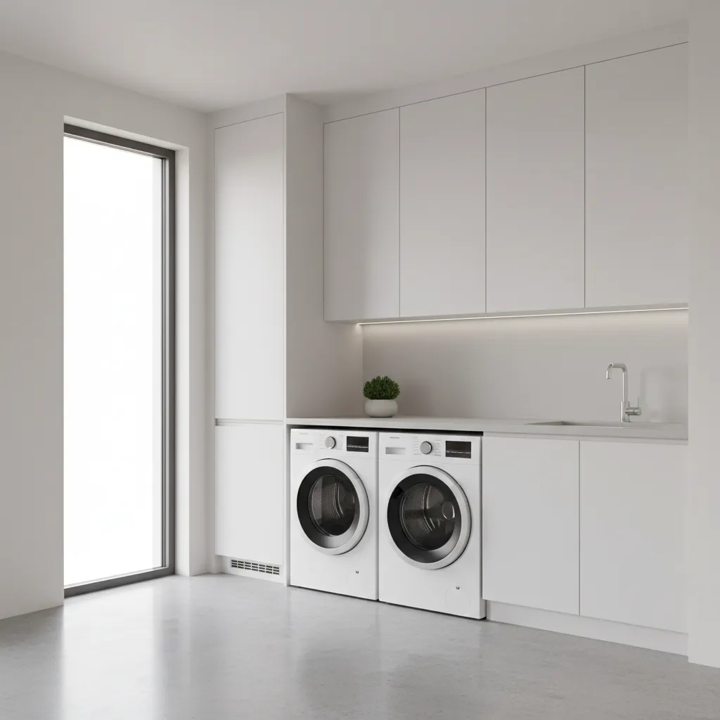modern residential laundry room with durable epoxy coated concrete floor