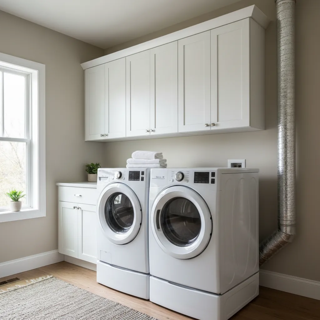 Residential laundry room with washer dryer and ventilation ducting